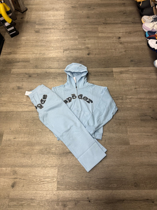 Sp5der Blue Rhinestone Zip Hood