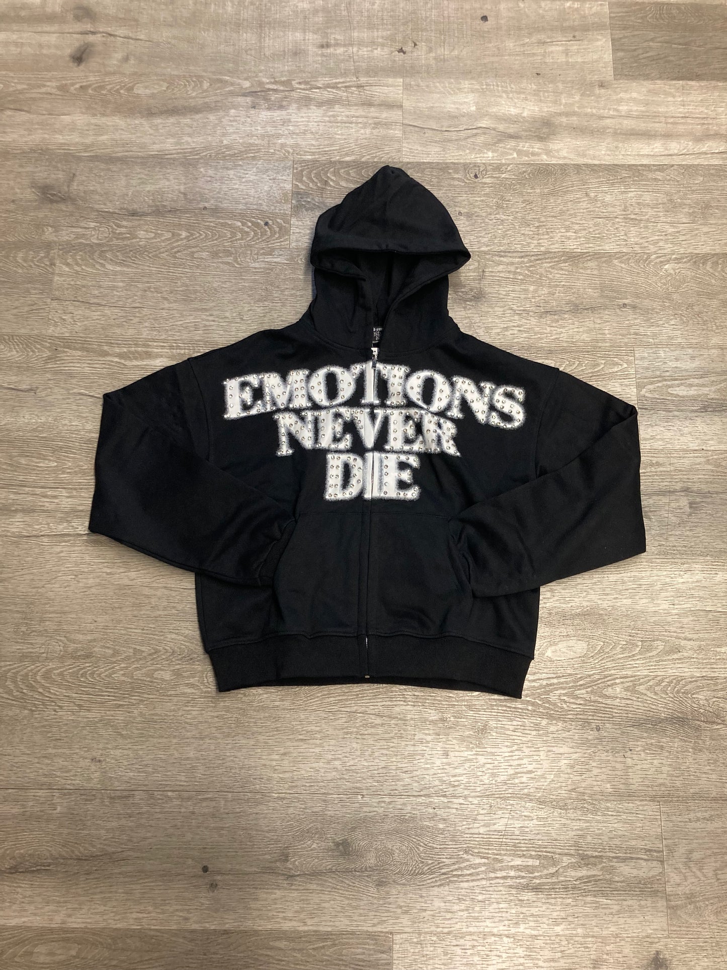 Mixed Emotions Black Rhinestone Zip Hood