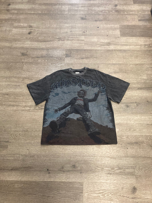 God Speed Skeleton on a Hill Tee Charcoal