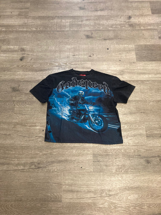 God Speed Skeleton Motorcycle Tee Black/Blue