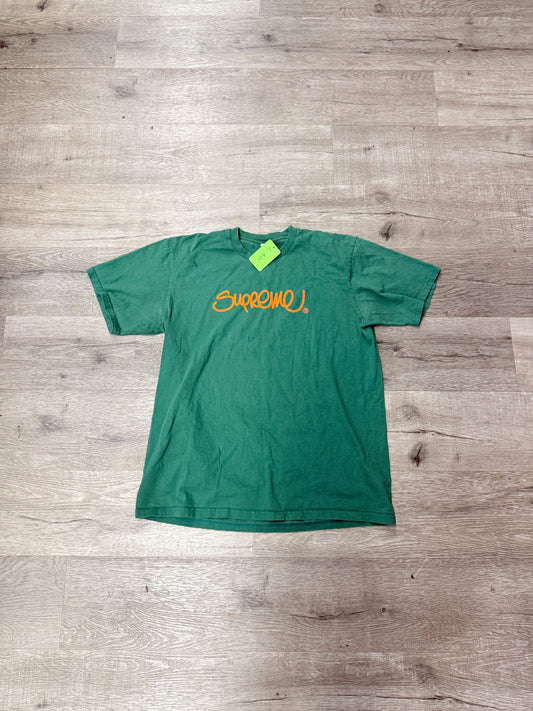 Supreme Cursive Orange Logo Tee Green