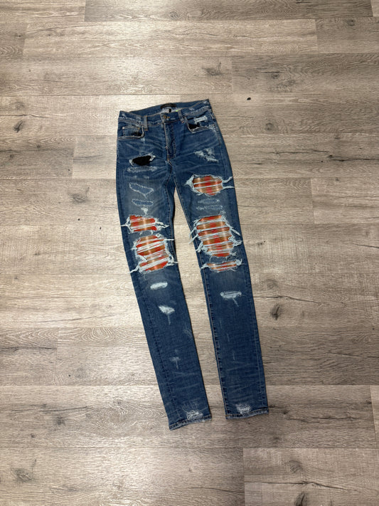 Amiri Jeans Blue Denim brown/red patches