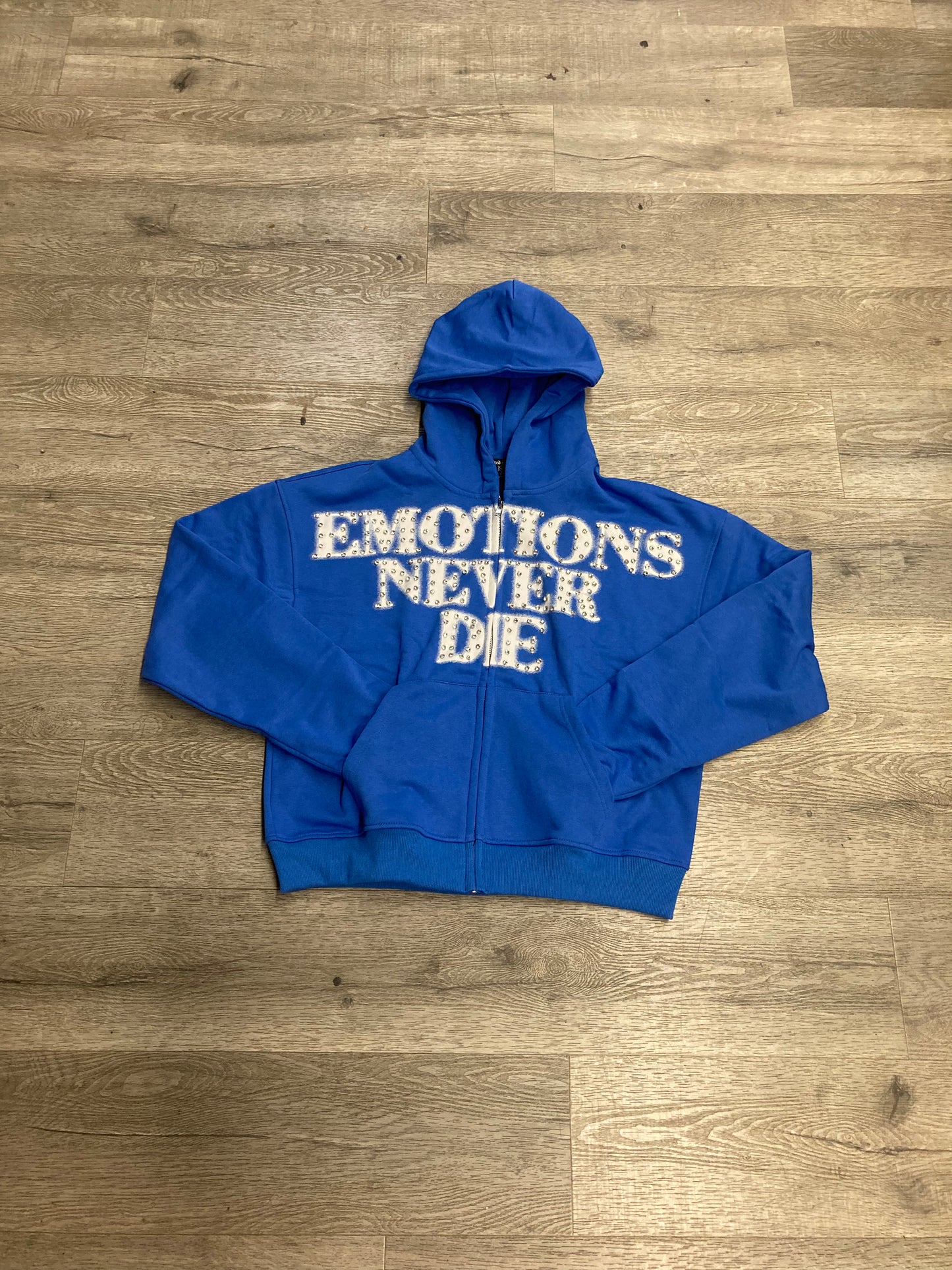 Mixed Emotions Blue Rhinestone Zip Hood